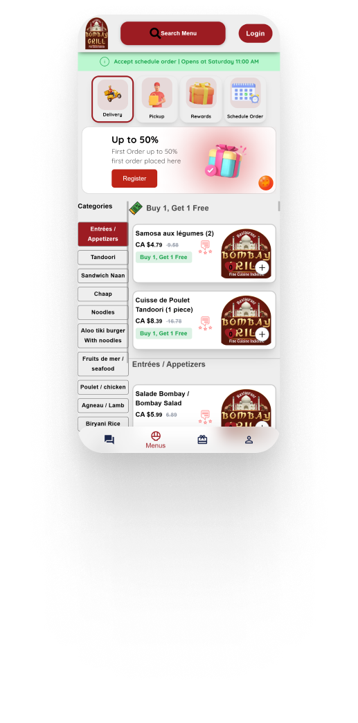 Food ordering app rewards screen